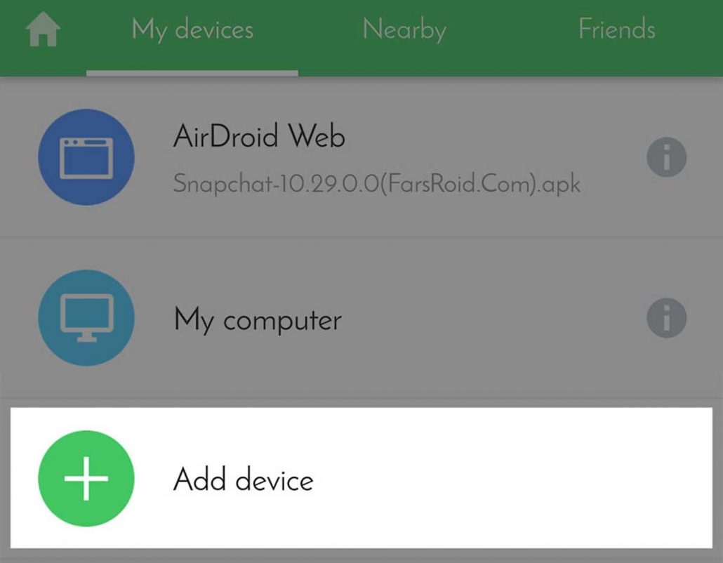 گزینه add device در اپلیکیشن airdroid